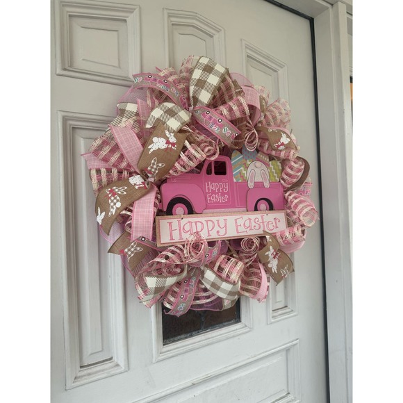 Easter Bunny Deco Mesh & Ribbon Spring Wreath Front Door Hanger Home Decor - Picture 7 of 9